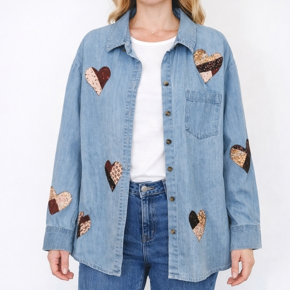 Re/Done Tops - Re Worked Denim Shirt With Patchwork Hearts
